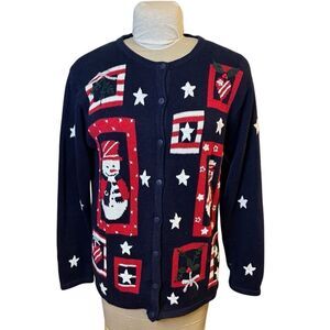 Quacker Factory Christmas Cardigan Navy Blue Snowmen Sz. S Patriotic